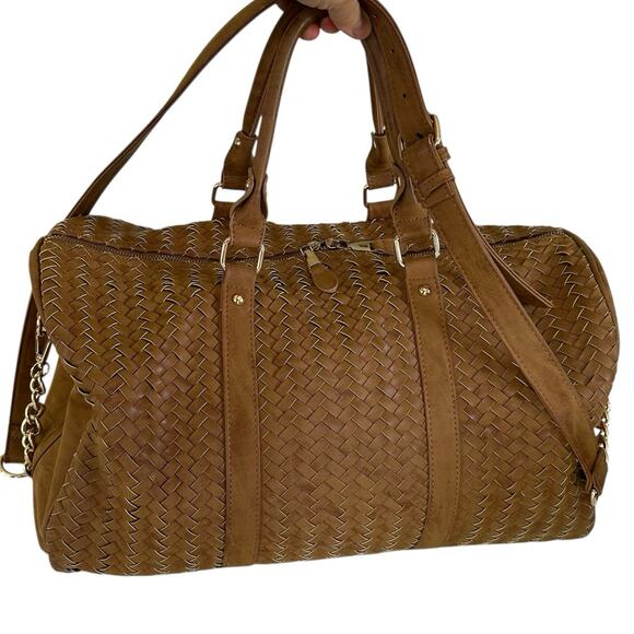 Madison West Tan Woven Satchel Shoulder Bag Chain Strap Travel Carry On NWOT - Picture 8 of 16